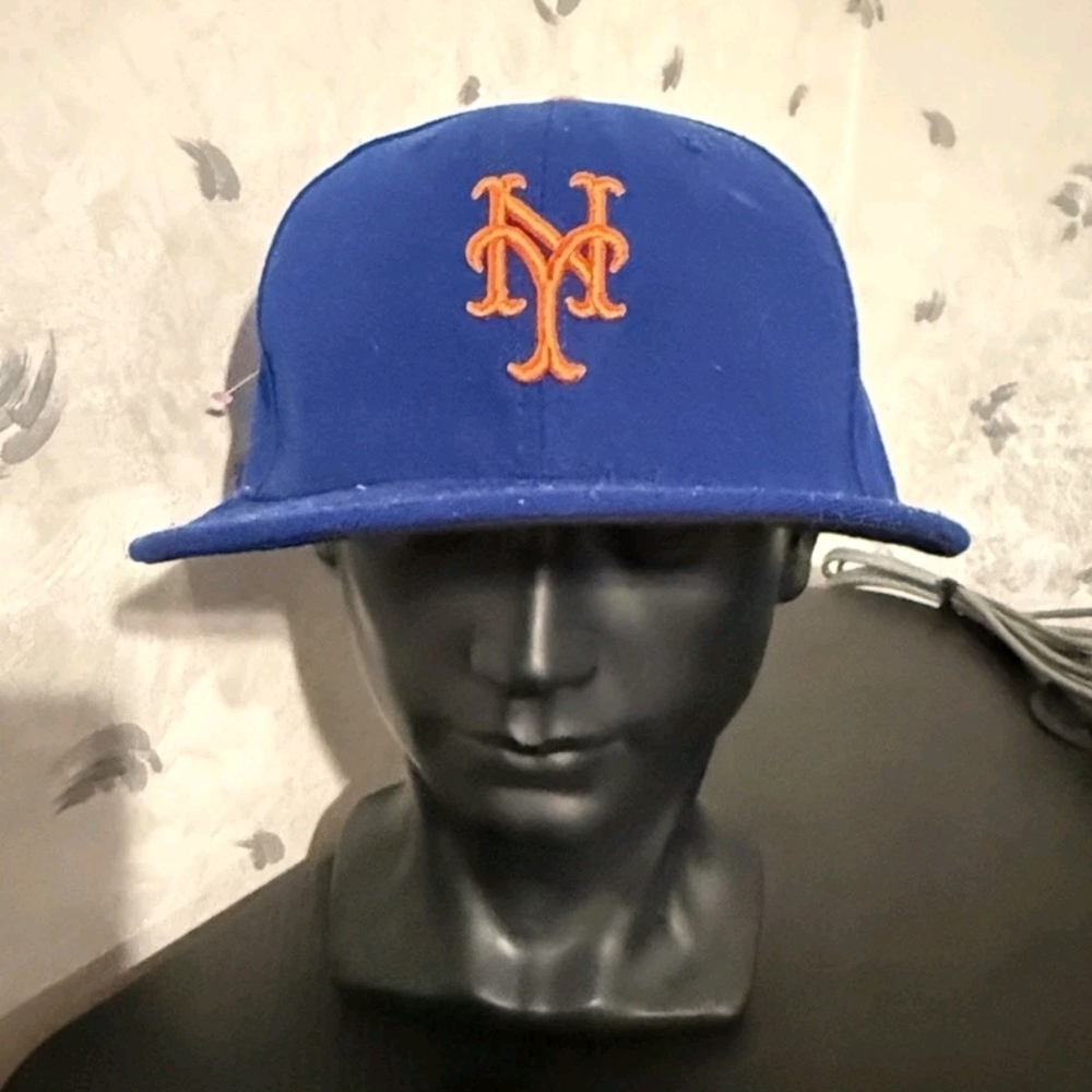 New York Mets Hat Cap Fitted Mens 7 1/2Blue Orange MLB Baseball Logo New Era